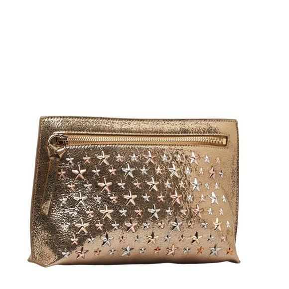JIMMY CHOO Star Studs Pouch Clutch Bag Second Gold Leather Women's - Picture 2 of 9